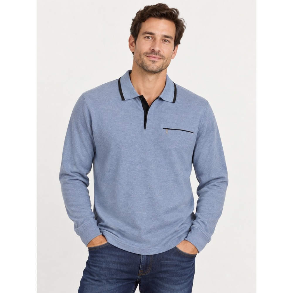Norm Thompson Mens XXL Long Sleeve Polo Shirt Blue Cotton Blend Zipper Pocket